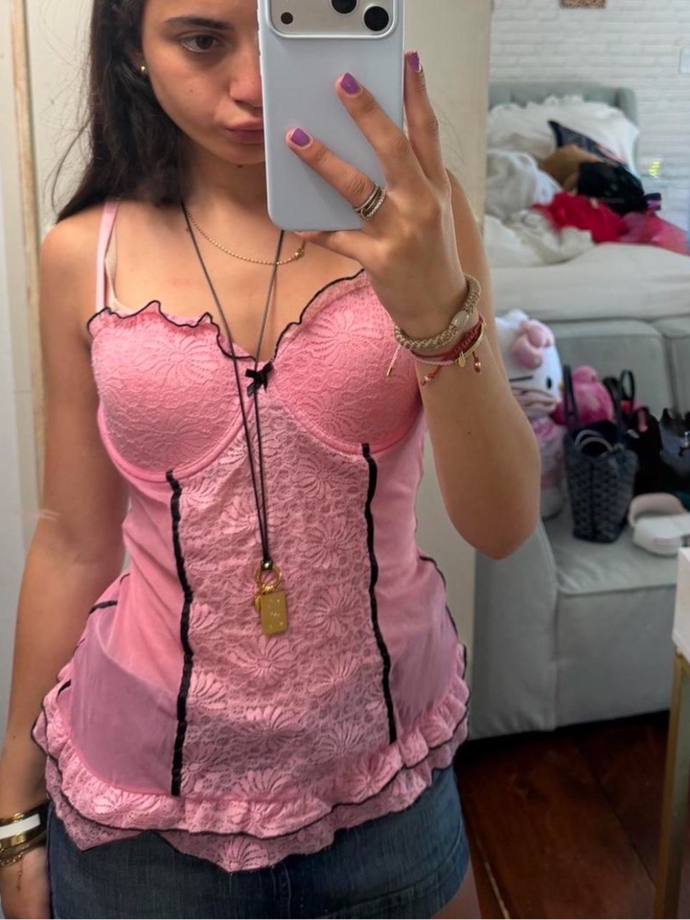 Pink Lace Bustier Cami Top with Ruffle Hem